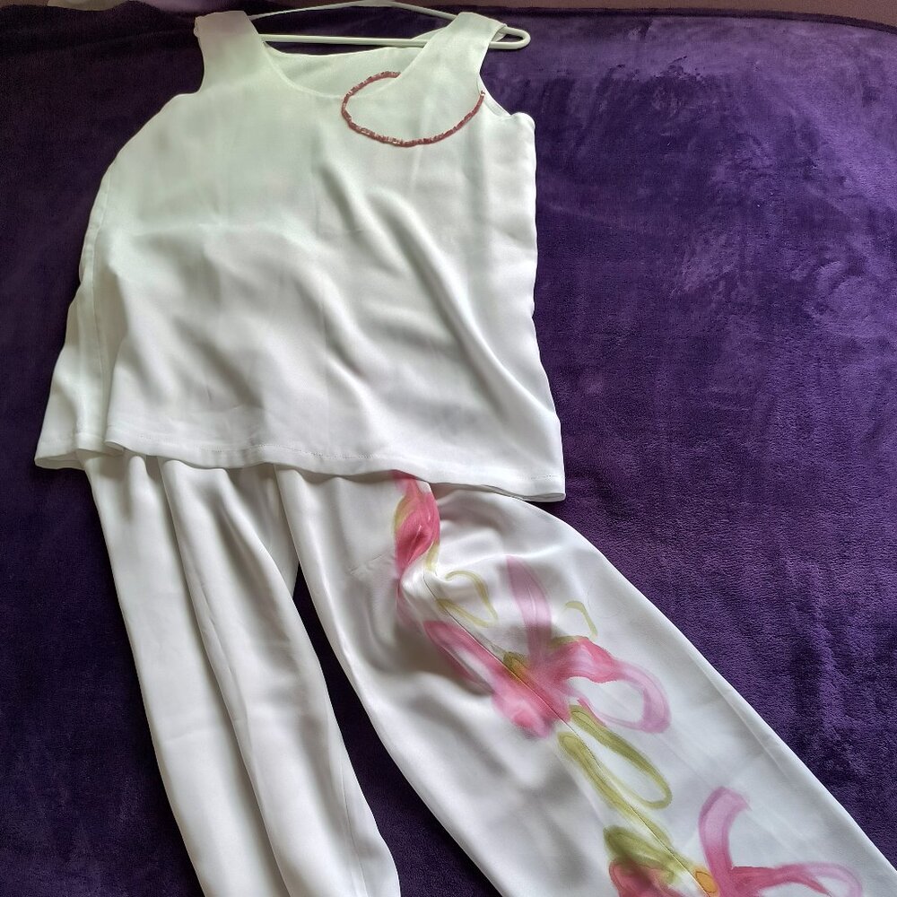 White chiffon outfit from Brazil with pink hand painted design, size M (8-10)